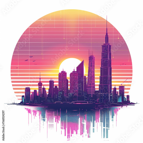 a city skyline and sunset on a white background in the style of synthwave