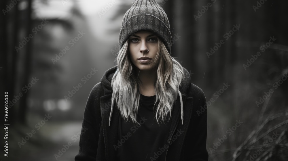 Homeless woman on the street looking at the camera with an available space for text and messages Homeless woman on the street looking at the camera with an available space for text and messages