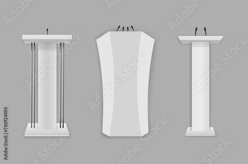 Tribune podium rostrum speech flat stand. Conference stage with microphone, press or debate speaker