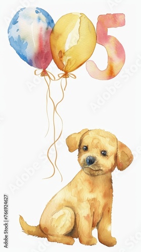 Watercolor illustration of a children's greeting card. Little puppy with a balloon, watercolor. Postcard for a five year old child.