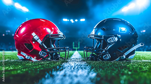 american football helmet facing each other on football field stadium photo