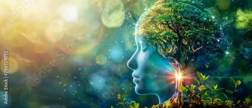 A tree is growing out of a woman's head, sense of growth, connection nature and human