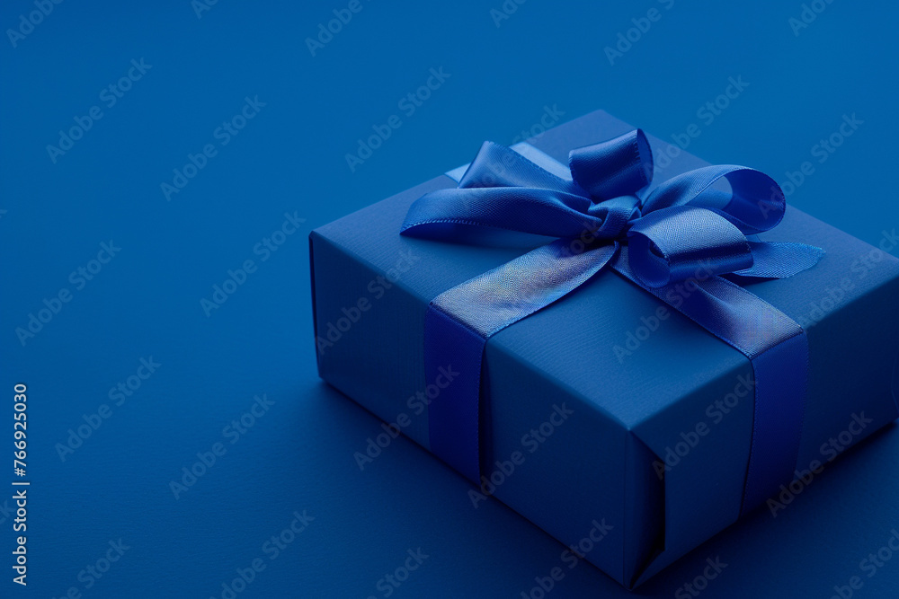 Fototapeta premium Realistic cobalt blue gift box on cobalt blue background, studio lighting, dof, blue overtones