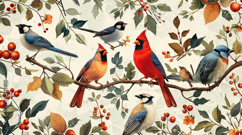 An elegant pattern featuring a variety of birds, including robins, blue jays, and cardinals photo