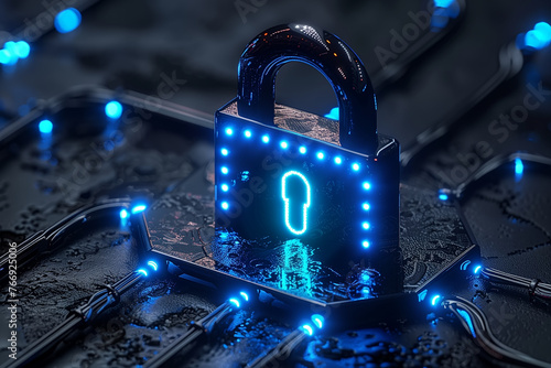 Network technology digital security lock with neon blue, padlock digital secure certificate symbol connection between web browser and server in encrypted