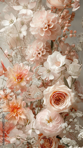 many different flowers in it, romantic and ethereal light, ultrafine detail, pale palette , Wallpaper
