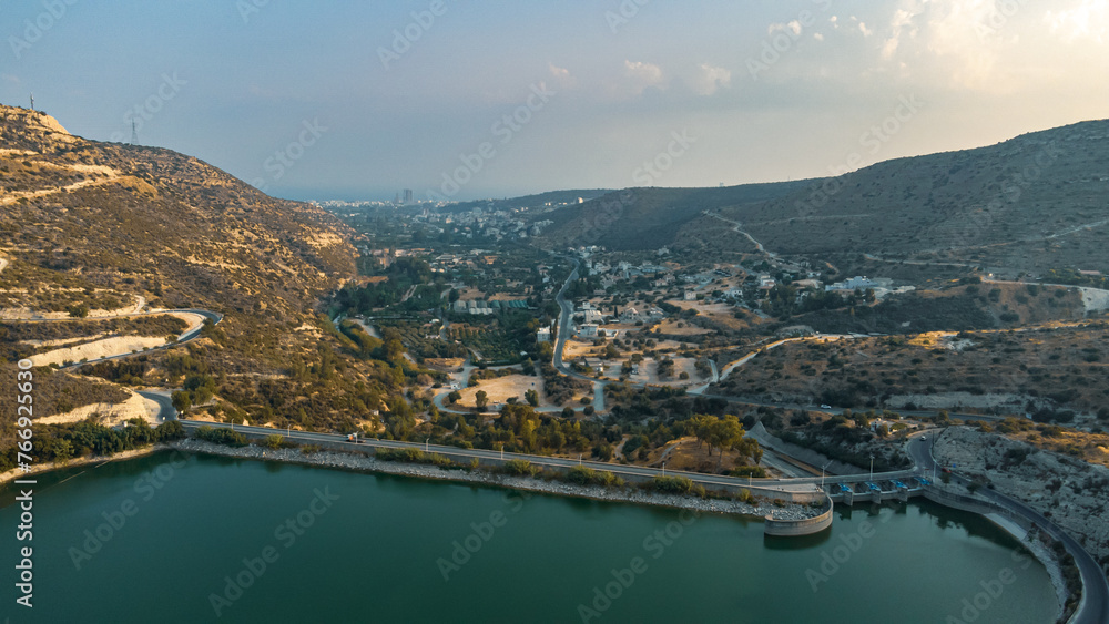 Aerial view of the Germasogeia Reservoir in Cyprus.