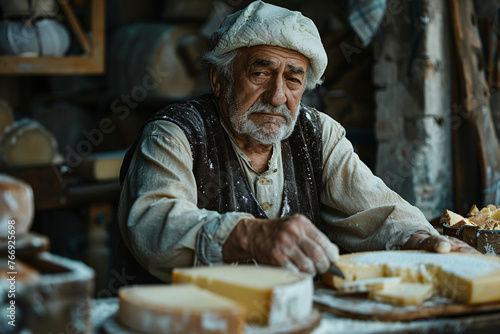 Artisan cheese maker with a variety of cheeses in a traditional cheese shop. Handcrafted produce and gourmet food concept for design and print. Portrait of a craftsman in a rustic setting