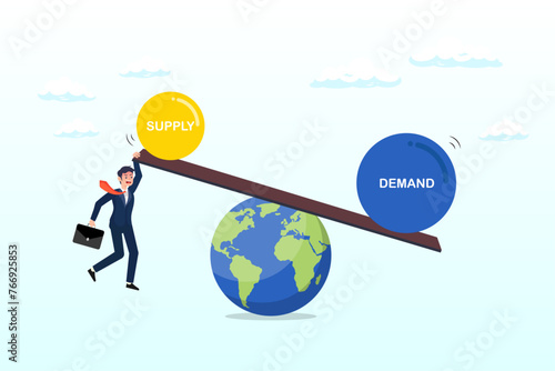 Businessman holding seesaw balance of demand and supply on the globe, demand vs supply balance, world economic supply chain problem, market pricing model for goods and service, cost or retail (Vector) photo