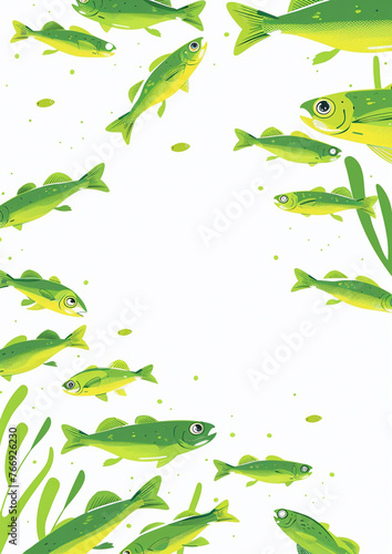 A template for a flyer, white background, a few cartoon green zebrafish danio rerio along the outside photo