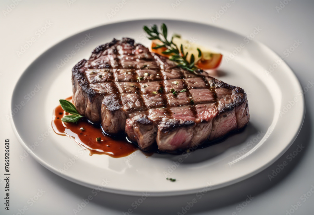 a steak on a plate, ready to eat, white background, studio lighting a steak on a plate, ready to eat, white background, studio lighting