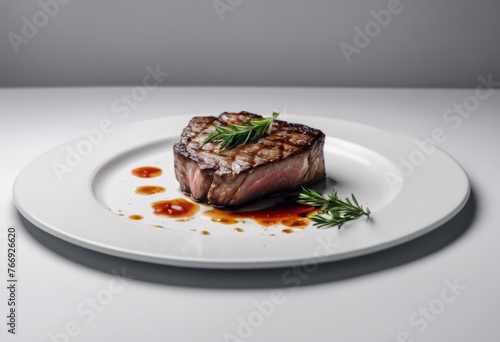 a steak on a plate, ready to eat, white background, studio lighting