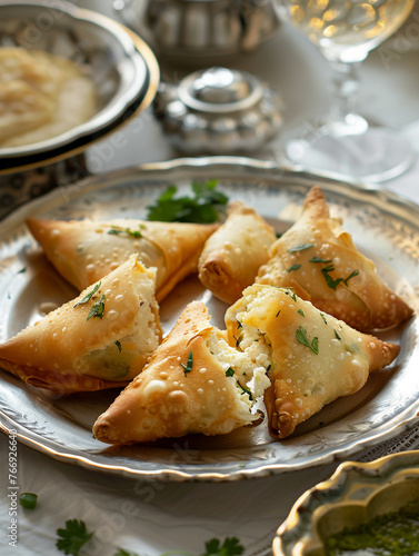 plate of small samosas two opened showing the white cheese and green chilli stuffing, filo pastry smooth texture, table setup