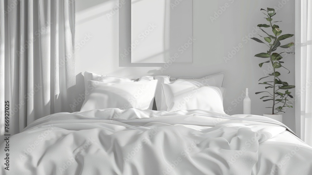 Mock up of white bedding on comofortable bed with pillows and blanket modern minimalist interior. Template for prints