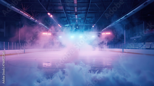 A hockey rink with smoke and lights. Scene is mysterious and exciting © Image-Love