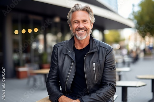 Portrait of a handsome mature man with gray hair wearing a black leather jacket and looking at the camera with a smile while sitting in a cafe outdoors