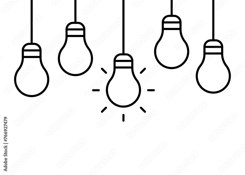 Bulb light hanging with glowing one lamp, line icon. Light bulb symbol as idea concept sign. Lamp simple outline. Vector illustration Bulb light hanging with glowing one lamp, line icon. Light bulb symbol as idea concept sign. Lamp simple outline. Vector illustration