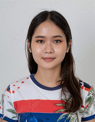 ID Photo: Thailandese Woman in Thailandese Flag-inspired T-shirt for Passport 03