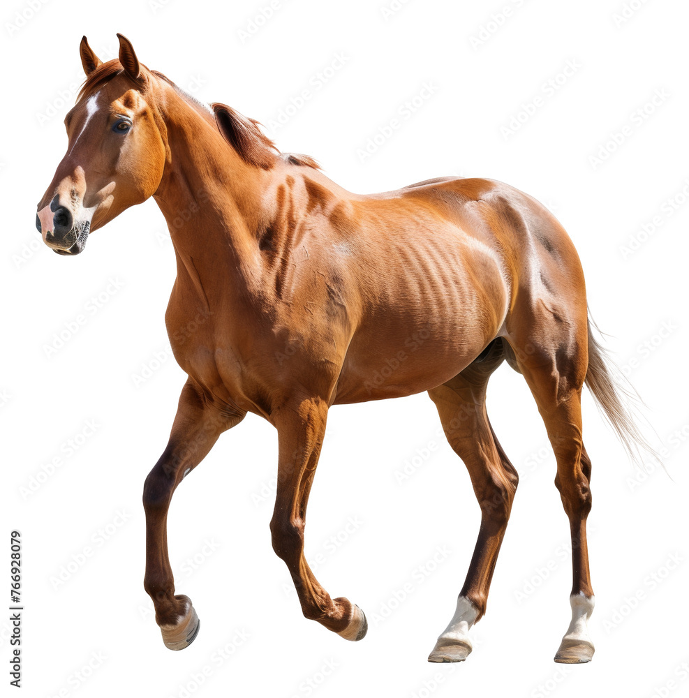 Brown horse with white forehead running, cut out - stock png.
