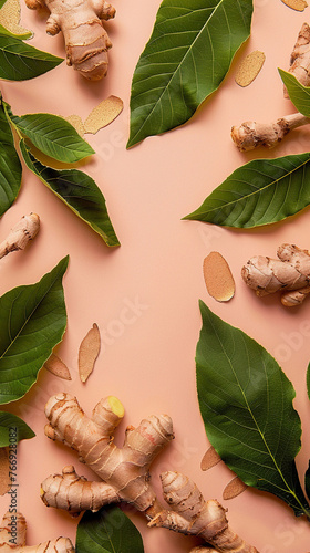 photo of ginger, slippery elm leaf and licorice root flat lay background with copy space in center, rose gold a bit light brown background, vibrant color scheme, wide angle shot from above, minimal st photo