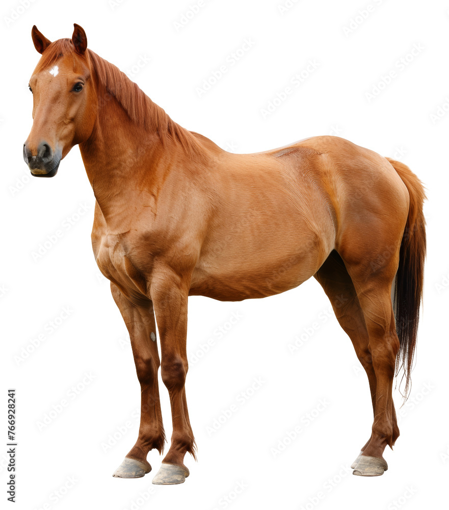 Fototapeta premium Brown horse with white forehead standing, cut out - stock png.