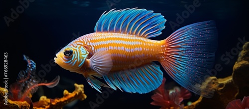 An electric blue fish with colorful fins swims gracefully in an aquarium tank filled with water. The rayfinned fish moves effortlessly underwater, showcasing its vibrant tail photo