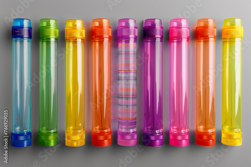 a set of empty close mockup tubes of different colors arranged in a rainbow pattern.