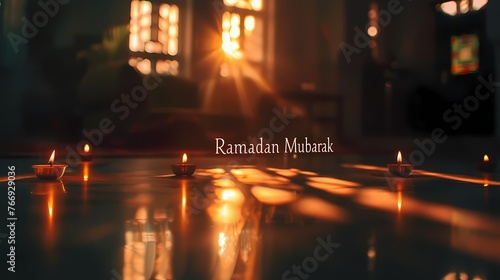 A creative composition of shadows forming the words "Ramadan Mubarak" on a flat surface, playing with light and darkness.