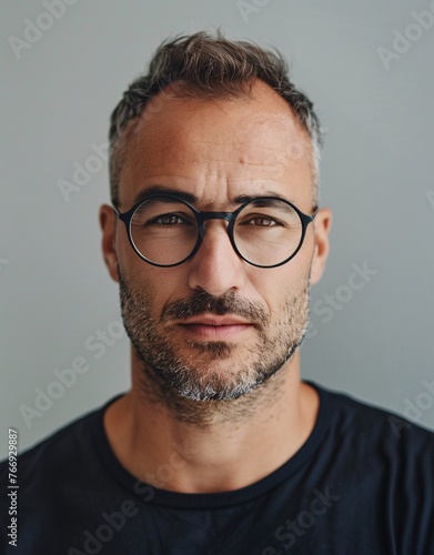 ID Photo: Caucasian Man whith Glasses in T-shirt for Passport 09 photo