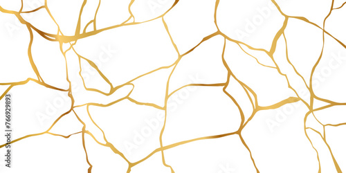 Gold kintsugi crack repair marble texture vector illustration isolated on white background. Broken foil marble pattern with golden dry cracks. Wedding card, cover or pattern Japanese motif background. © Konstantin