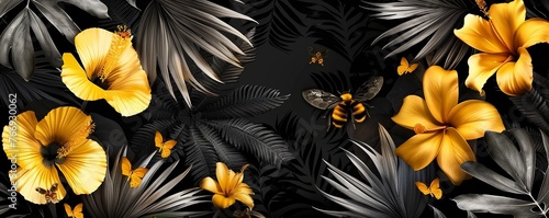 3d wallpaper with bees  black and white leaves  yellow flowers  palm tree  black background