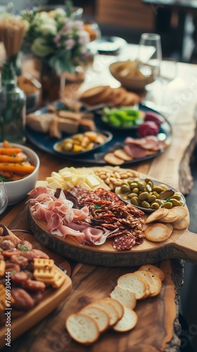 Elegant spread of assorted cheeses and cured meats on a wooden board in a dining setting