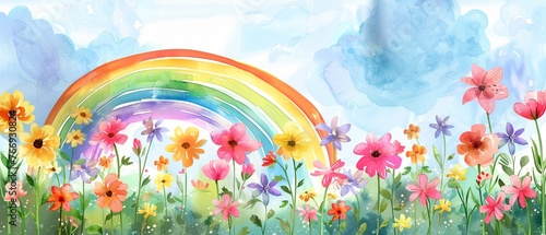 Vibrant watercolor rainbow over a field of flowers  clipart isolated  symbolizing hope and joy in nursery art