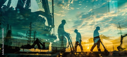 Silhouette of construction workers and heavy machinery against a vibrant sunrise sky. The image captures the essence of industrial progress and the energy of a new day on the job site. photo