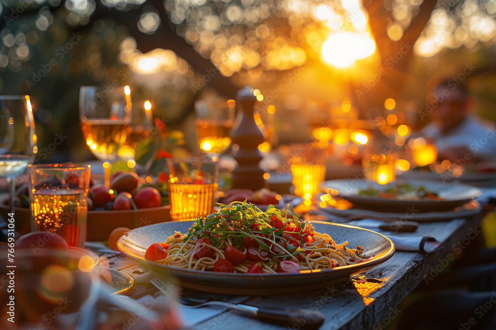 Outdoor dinner party at sunset with friends. Warm summer evening and dining alfresco concept for design and print. Sunlit festive table setting with copy space Outdoor dinner party at sunset with friends. Warm summer evening and dining alfresco concept for design and print. Sunlit festive table setting with copy space
