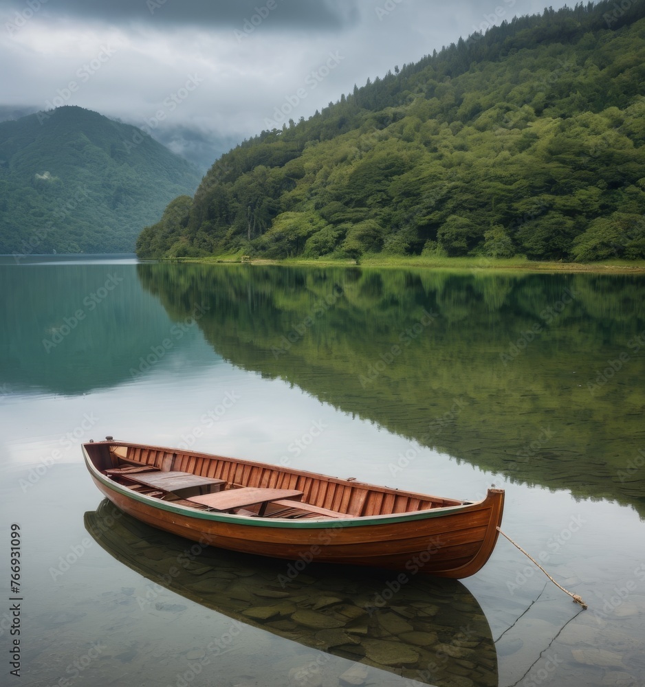 The calm waters of a mountain lake perfectly mirror the encircling greenery and moody sky, with a wooden boat floating idly. Mist lingers between the hills, adding a touch of mystery. AI generation
