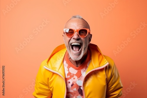 Portrait of a happy senior man in orange jacket and sunglasses. © Iigo