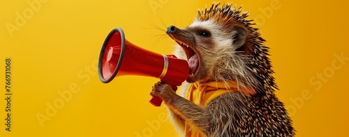 Attention-grabbing concept. An animated hedgehog in a scarf loudly speaking into a red megaphone on a vivid yellow background.