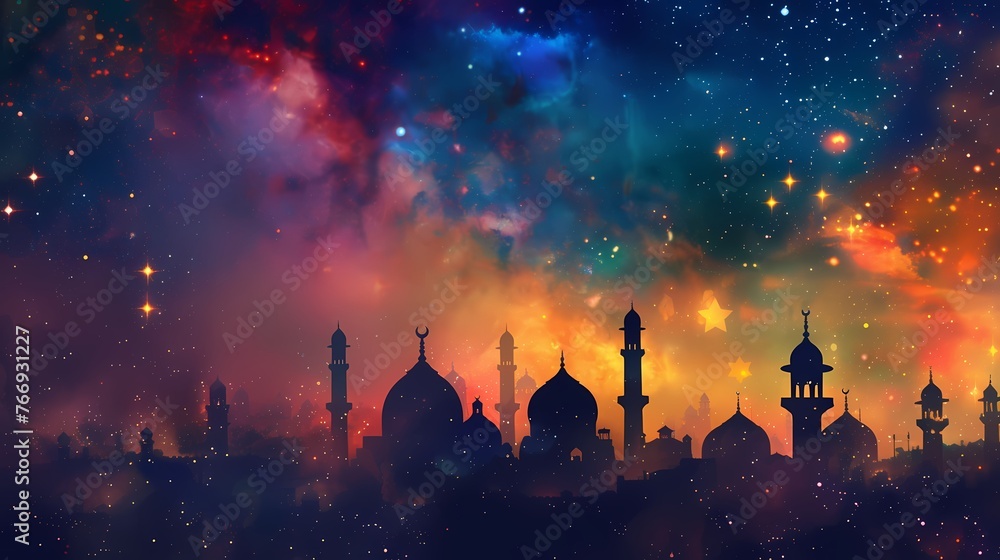 A colorful night sky adorned with glowing stars, symbolizing the spiritual beauty and tranquility of Ramadan. - obrazy, fototapety, plakaty 