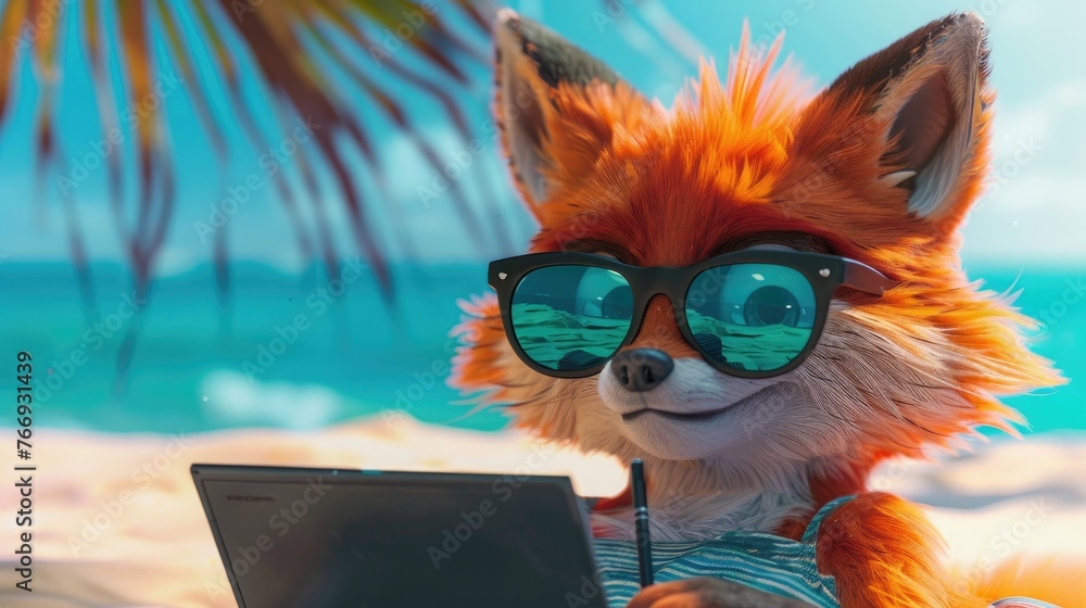 Cartoon fox working at laptop on beach in bright T-shirt and sunglasses. Summer vacation, mood. bright Illustration Cartoon fox working at laptop on beach in bright T-shirt and sunglasses. Summer vacation, mood. bright Illustration