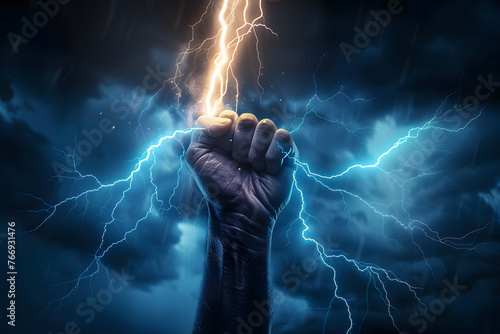 Hand holding up a lightning bolt. Energy and power. Stormy background. Blue glow. Zeus, thor. photo