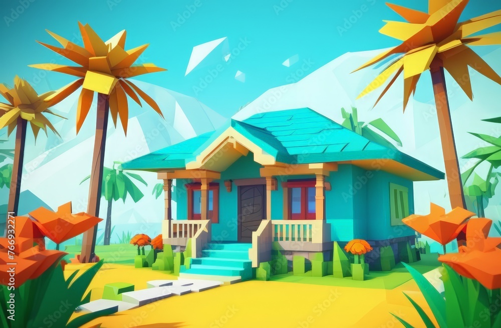 Cozy tropical bungalow set against a beautiful tropical landscape with mountains and palm trees. The concept of recreation in the southern warm countries. Horizontal illustration on the theme of summe
