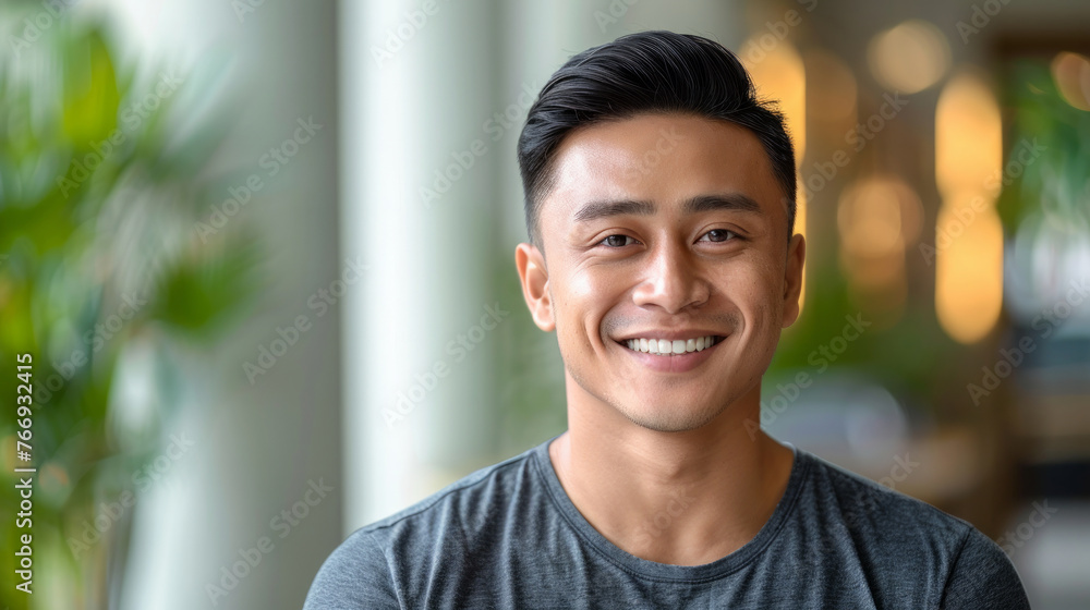 A man with a mustache and a smile is standing in front of a wall. He is wearing a gray shirt and a gray jacket. a smiling Southeast Asian in his 30s A man with a mustache and a smile is standing in front of a wall. He is wearing a gray shirt and a gray jacket. a smiling Southeast Asian in his 30s