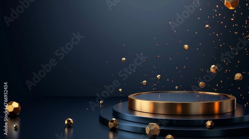 a gold podium surrounded by confetti and falling gold pieces