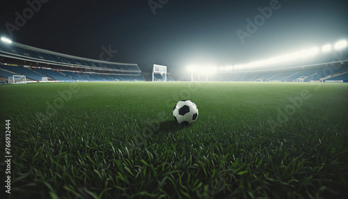 Soccer ball on the grass of a soccer stadium illuminated by the floodlights of the stands colorful background © Fukurou