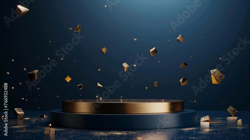 a gold podium surrounded by confetti and falling gold pieces