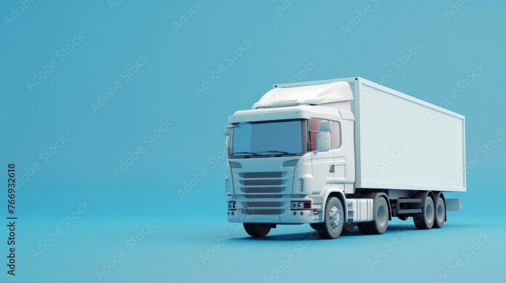 This clean and sleek 3D image features a heavy lorry van isolated against a serene blue background, highlighting the essential role of logistics and transportation in commerce and industry with
