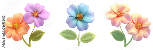 Cute cartoon flowers set isolated on white background, clipart. Png with transparent background, cutout. Gradient 3d flower collection.