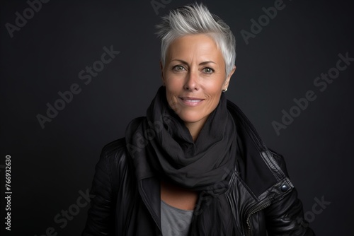 Portrait of a beautiful senior woman with grey hair wearing a black leather jacket