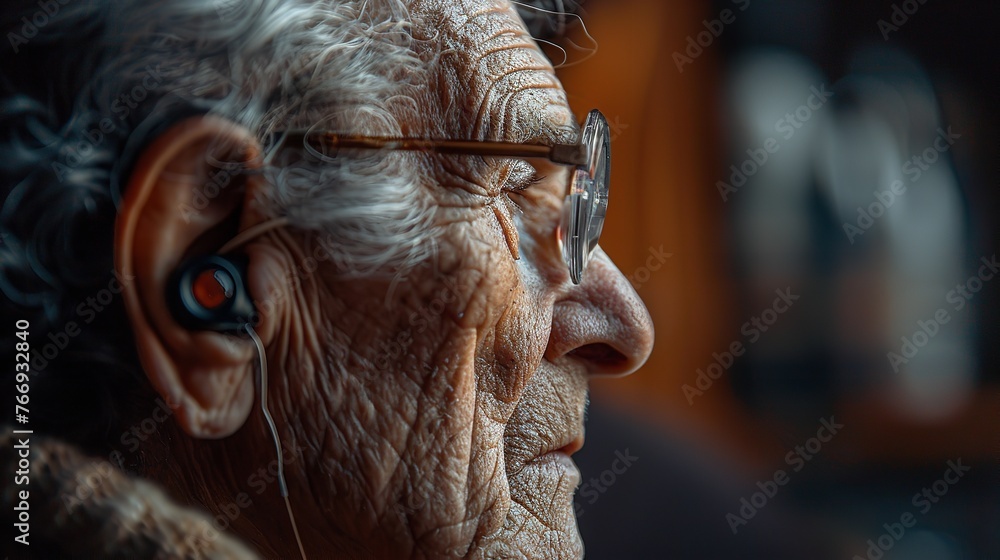 Lovely old person's hearing aid-equipped ear over a dark backdrop aging male and space, Generative AI.